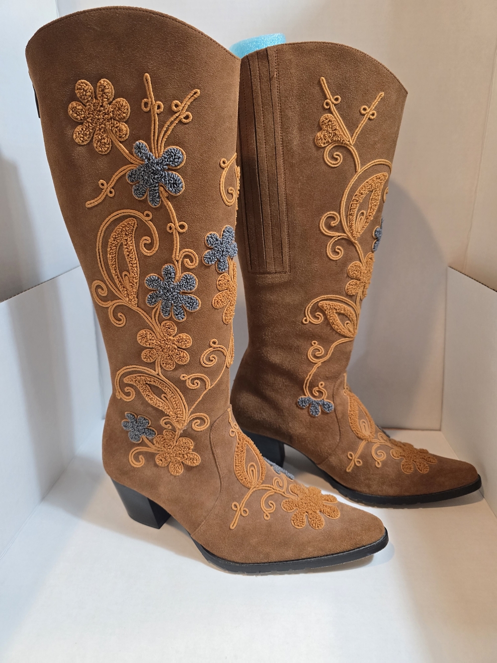 Embroidered Brown Suede Knee-High Boots